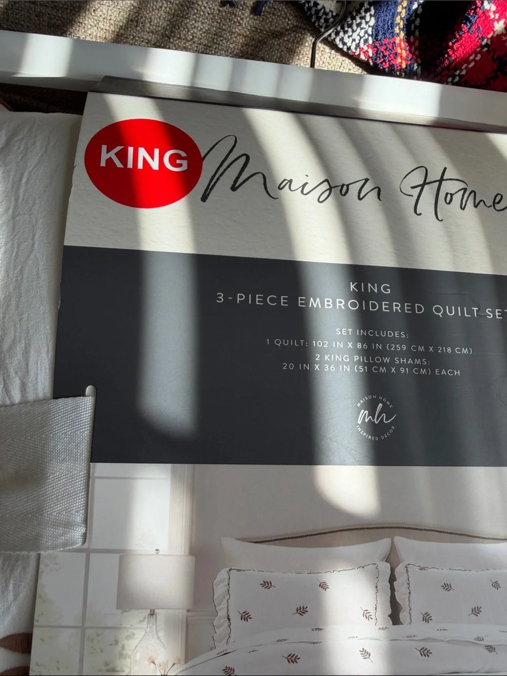 Embroidered King Quilt Set in Cream with Brown Leaf Motif
